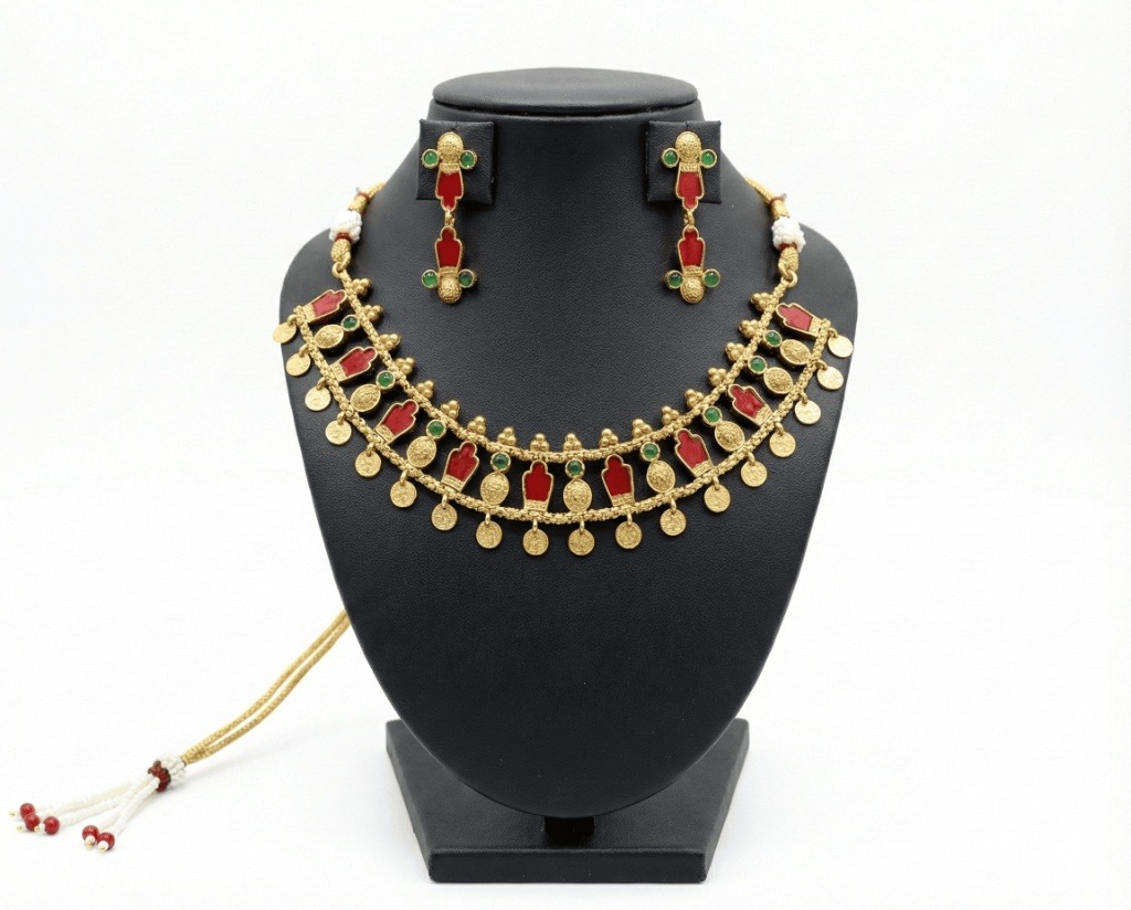 Traditional Gold-Toned Red Enamel Pot Motif and Coin Necklace Set